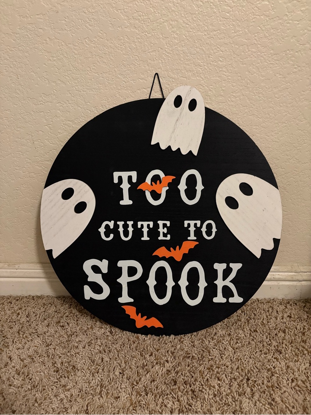 Too Cute to Spook Round Wall Sign - Black, White & Orange